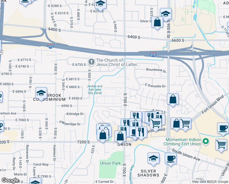 map of restaurants, bars, coffee shops, grocery stores, and more near 6888 South 670 East in Midvale