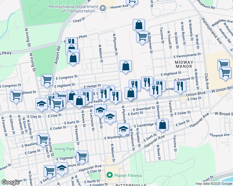 map of restaurants, bars, coffee shops, grocery stores, and more near 1513 East Livingston Street in Allentown