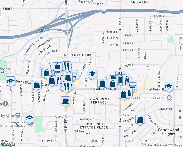 map of restaurants, bars, coffee shops, grocery stores, and more near 2140 East Nye Circle in Salt Lake City