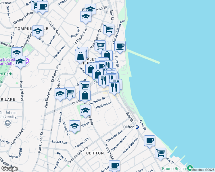 map of restaurants, bars, coffee shops, grocery stores, and more near 57 Thompson Street in Staten Island