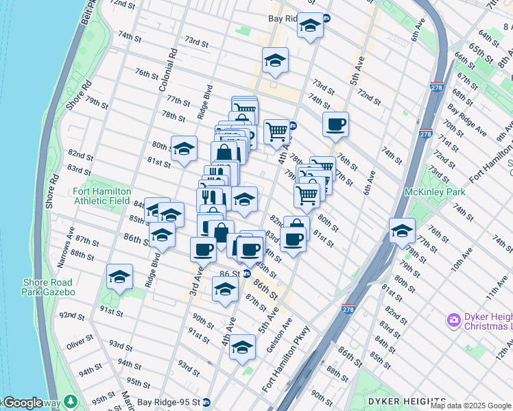 map of restaurants, bars, coffee shops, grocery stores, and more near 367 82nd Street in Brooklyn