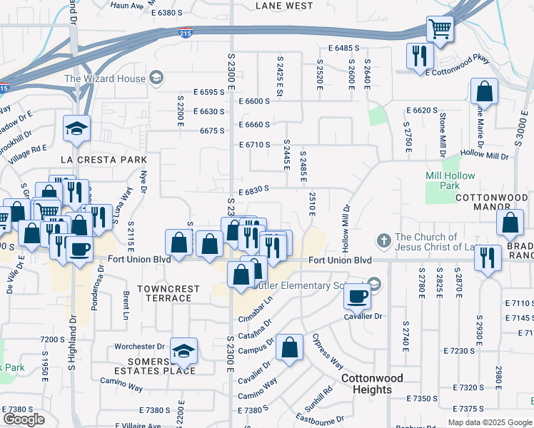 map of restaurants, bars, coffee shops, grocery stores, and more near 2385 East 6895 South in Salt Lake City