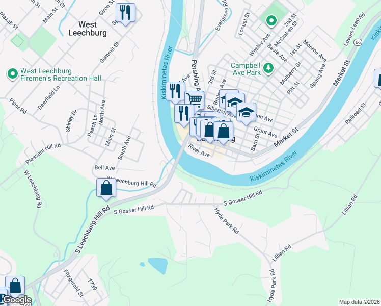 map of restaurants, bars, coffee shops, grocery stores, and more near 114 River Avenue in Leechburg