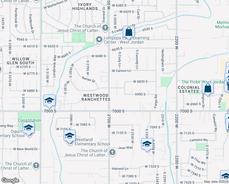 map of restaurants, bars, coffee shops, grocery stores, and more near 6888 South Harvest Circle in West Jordan