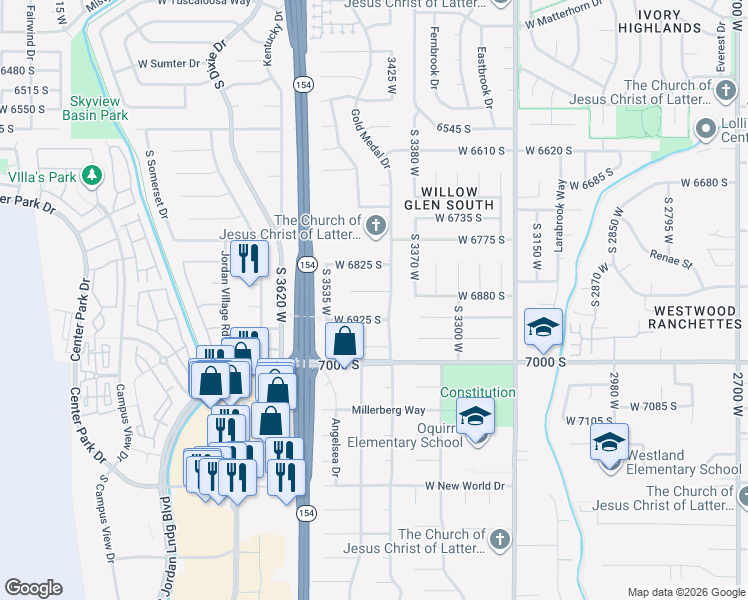 map of restaurants, bars, coffee shops, grocery stores, and more near 3451 West 6875 South in West Jordan
