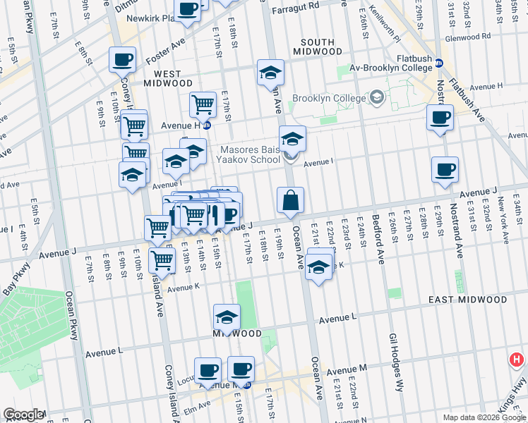map of restaurants, bars, coffee shops, grocery stores, and more near 1012 East 18th Street in Brooklyn