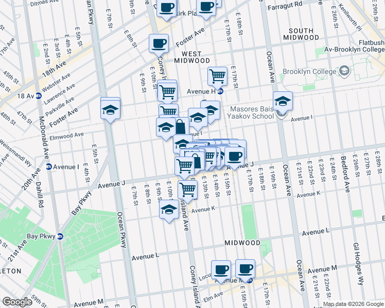 map of restaurants, bars, coffee shops, grocery stores, and more near 954 East 13th Street in Brooklyn