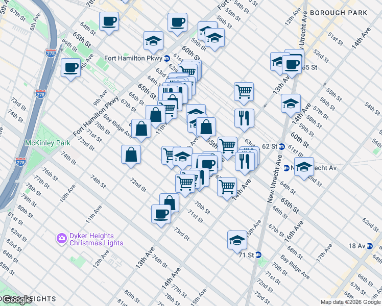 map of restaurants, bars, coffee shops, grocery stores, and more near 1225 67th Street in Brooklyn