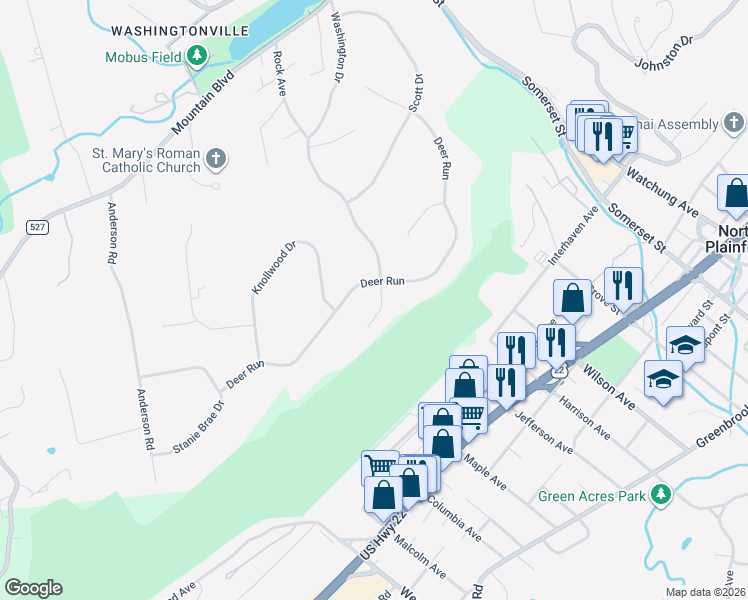 map of restaurants, bars, coffee shops, grocery stores, and more near 124 Deer Run in Watchung