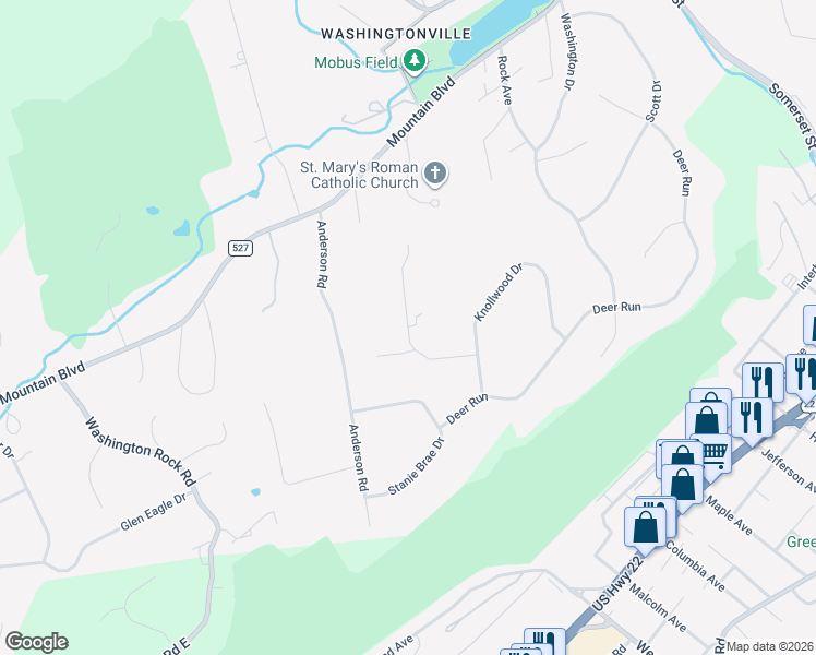map of restaurants, bars, coffee shops, grocery stores, and more near 65 Acorn Road in Watchung