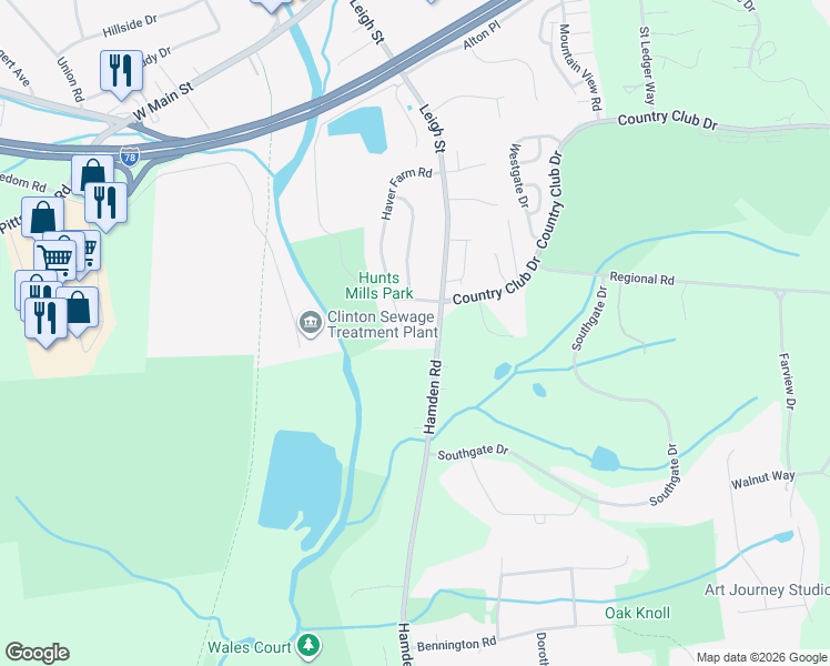 map of restaurants, bars, coffee shops, grocery stores, and more near 50 Haver Farm Road in Clinton