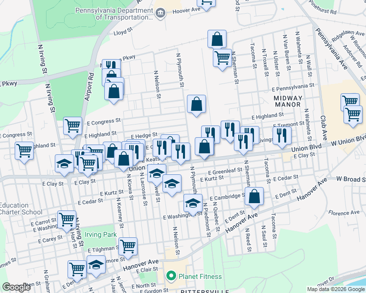 map of restaurants, bars, coffee shops, grocery stores, and more near 1513 East Livingston Street in Allentown