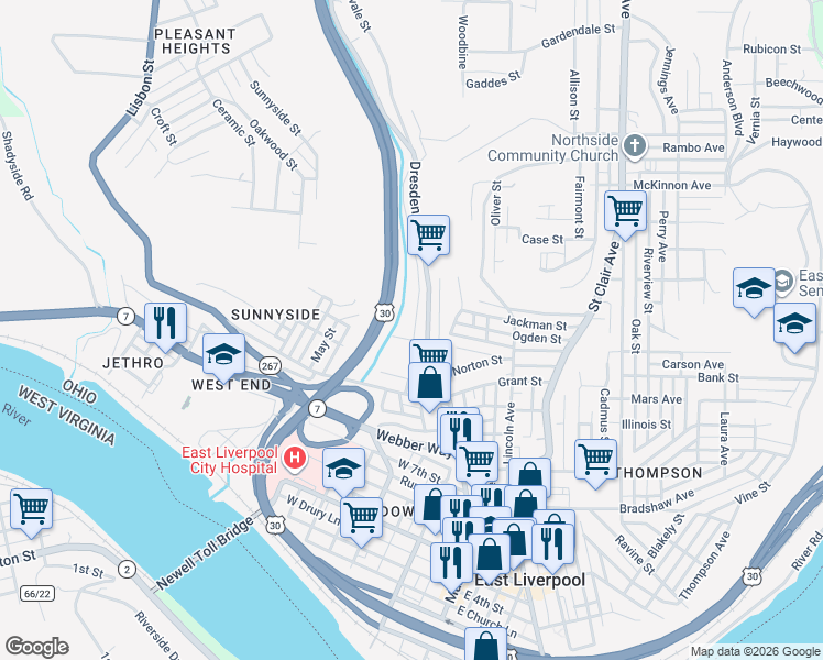 map of restaurants, bars, coffee shops, grocery stores, and more near 1007 Dresden Avenue in East Liverpool