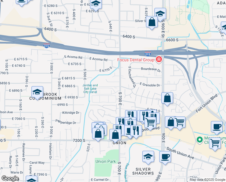 map of restaurants, bars, coffee shops, grocery stores, and more near 6886 670 East in Midvale
