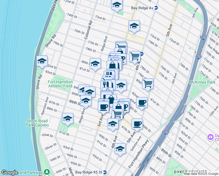 map of restaurants, bars, coffee shops, grocery stores, and more near 8214 3rd Avenue in Brooklyn