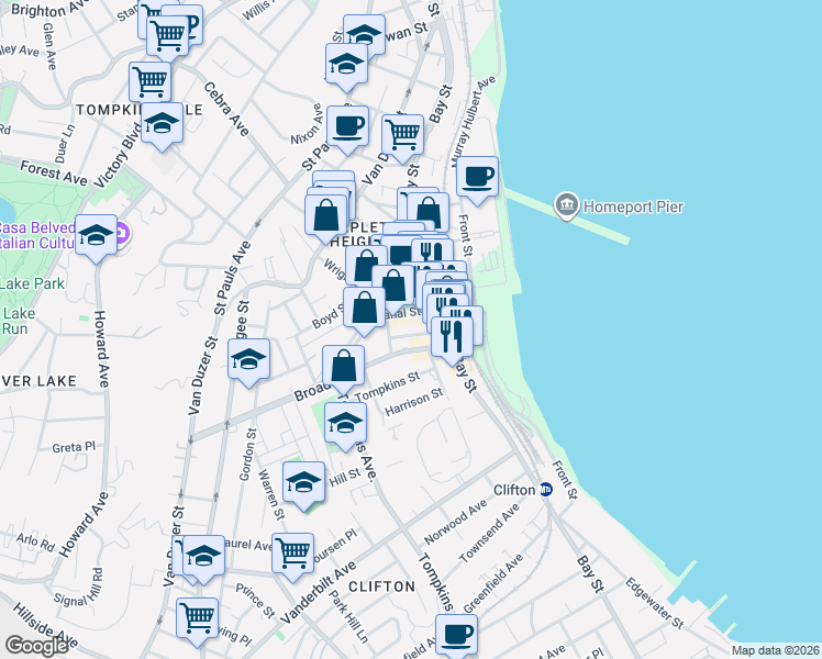 map of restaurants, bars, coffee shops, grocery stores, and more near 61 A Thompson Street in Staten Island
