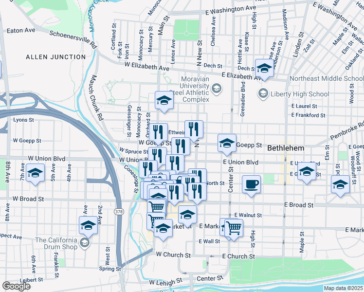 map of restaurants, bars, coffee shops, grocery stores, and more near 33 West Goepp Street in Bethlehem
