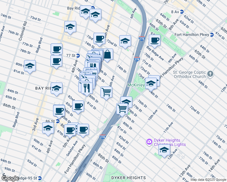 map of restaurants, bars, coffee shops, grocery stores, and more near 618 77th Street in Brooklyn