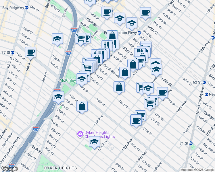 map of restaurants, bars, coffee shops, grocery stores, and more near 1014 71st Street in Brooklyn
