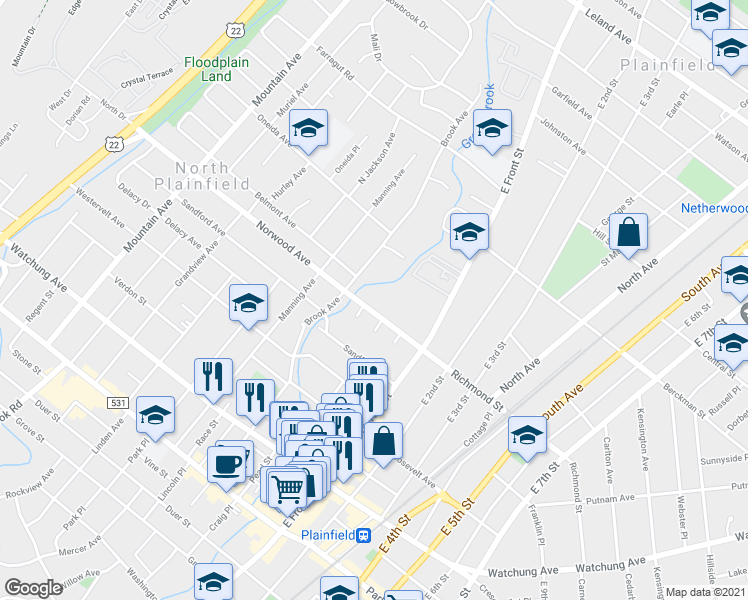 map of restaurants, bars, coffee shops, grocery stores, and more near 54 Norwood Avenue in Plainfield
