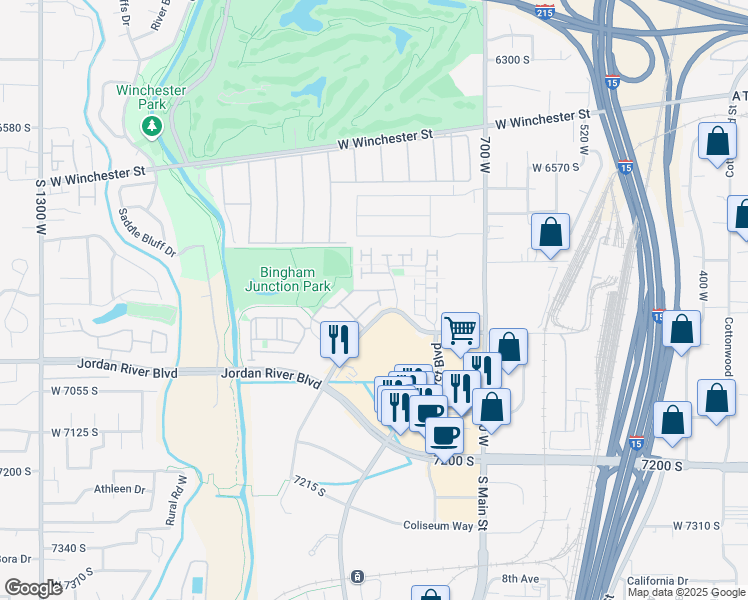 map of restaurants, bars, coffee shops, grocery stores, and more near 6912 Village Haven Lane in Midvale