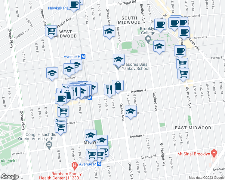 map of restaurants, bars, coffee shops, grocery stores, and more near 1005 East 19th Street in Brooklyn