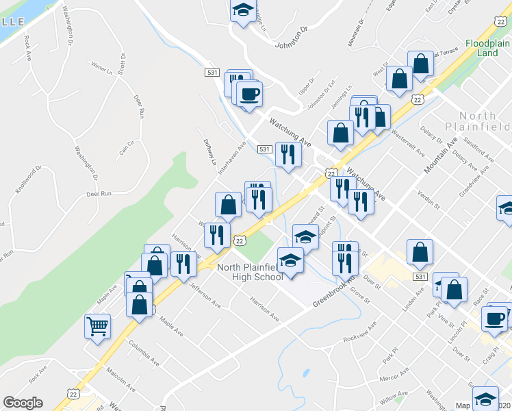 map of restaurants, bars, coffee shops, grocery stores, and more near 364 Grove Street in North Plainfield