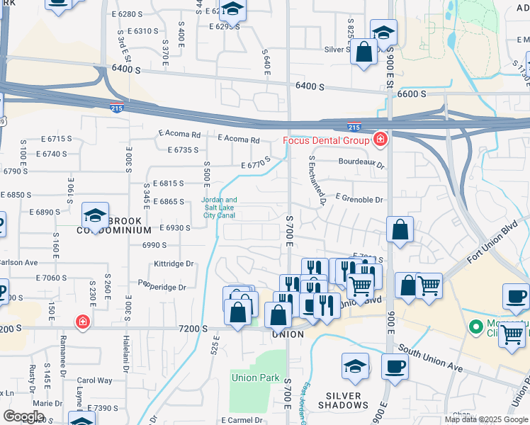 map of restaurants, bars, coffee shops, grocery stores, and more near 6886 670 East in Midvale