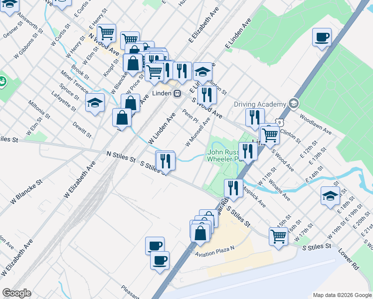 map of restaurants, bars, coffee shops, grocery stores, and more near 223 West Munsell Avenue in Linden