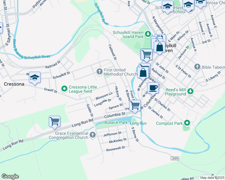map of restaurants, bars, coffee shops, grocery stores, and more near 10 Blossom Lane in Schuylkill Haven