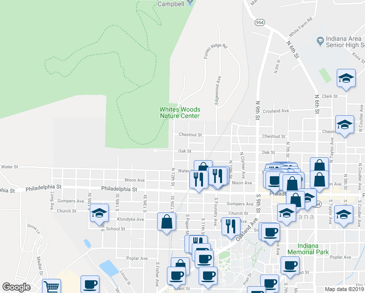map of restaurants, bars, coffee shops, grocery stores, and more near 1161 Oak Street in Indiana