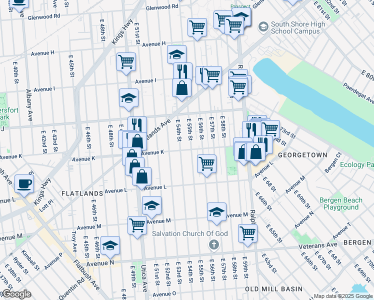 map of restaurants, bars, coffee shops, grocery stores, and more near 5420 Avenue K in Brooklyn