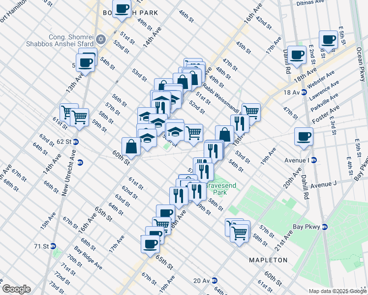 map of restaurants, bars, coffee shops, grocery stores, and more near 1675 56th Street in Brooklyn