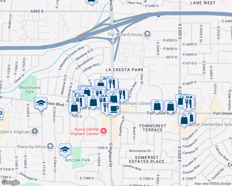 map of restaurants, bars, coffee shops, grocery stores, and more near 6884 Bellavista Drive in Cottonwood Heights