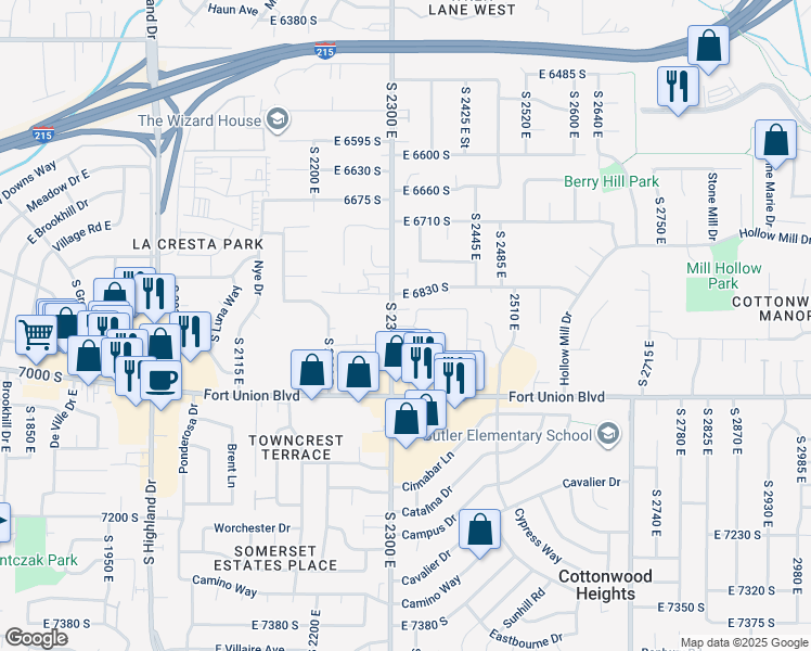 map of restaurants, bars, coffee shops, grocery stores, and more near 2351 East 6895 South in Salt Lake City