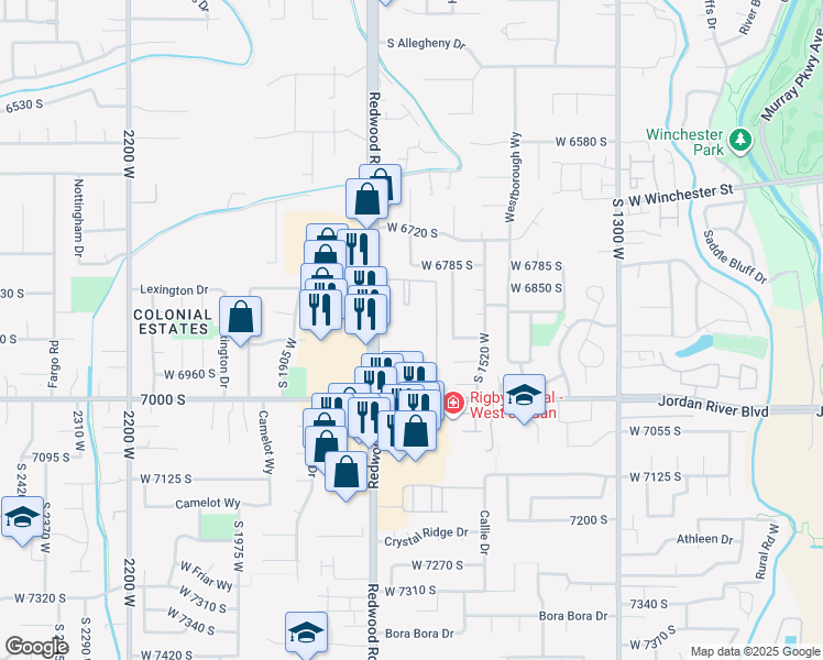 map of restaurants, bars, coffee shops, grocery stores, and more near 6885 South Redwood Road in West Jordan