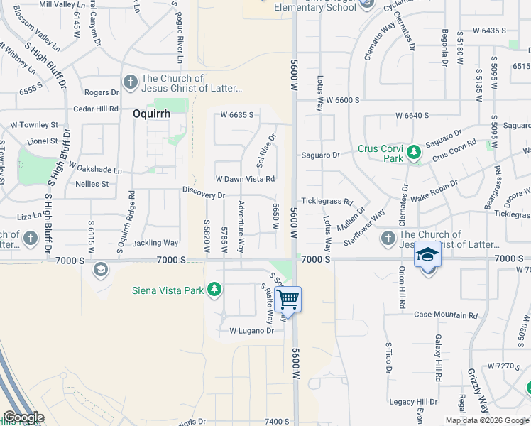 map of restaurants, bars, coffee shops, grocery stores, and more near 6888 Charter Way in West Jordan