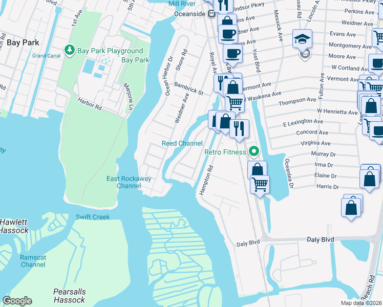 map of restaurants, bars, coffee shops, grocery stores, and more near 3482 Westminster Road in Oceanside