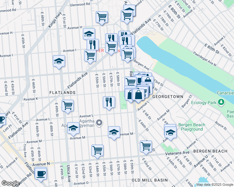 map of restaurants, bars, coffee shops, grocery stores, and more near 1170 East 58th Street in Brooklyn