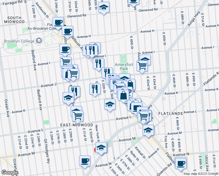 map of restaurants, bars, coffee shops, grocery stores, and more near 1012 East 36th Street in Brooklyn