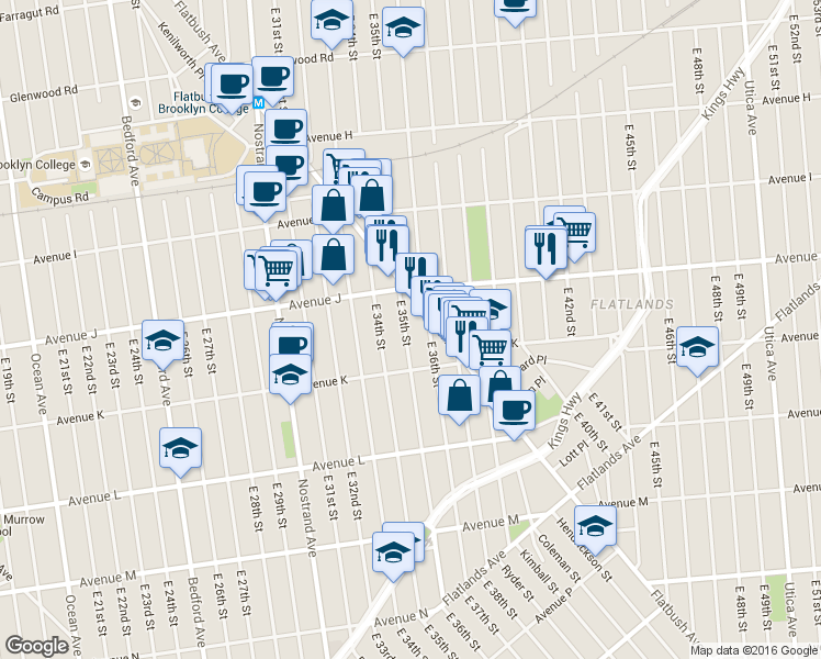 map of restaurants, bars, coffee shops, grocery stores, and more near 1012 East 36th Street in Brooklyn