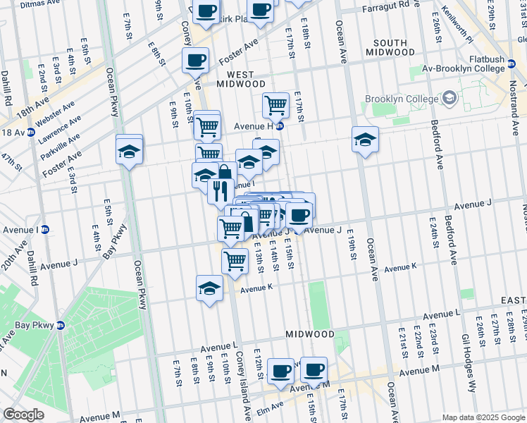 map of restaurants, bars, coffee shops, grocery stores, and more near 954 East 13th Street in Brooklyn