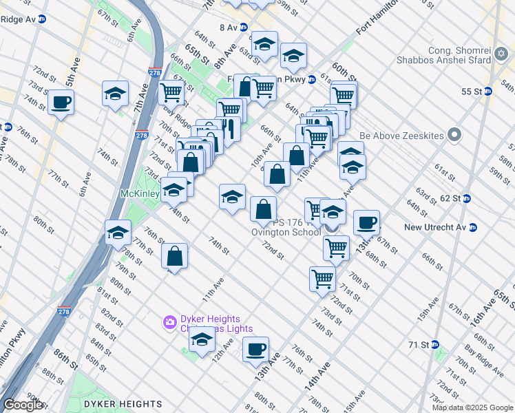 map of restaurants, bars, coffee shops, grocery stores, and more near 1053 71st Street in Brooklyn