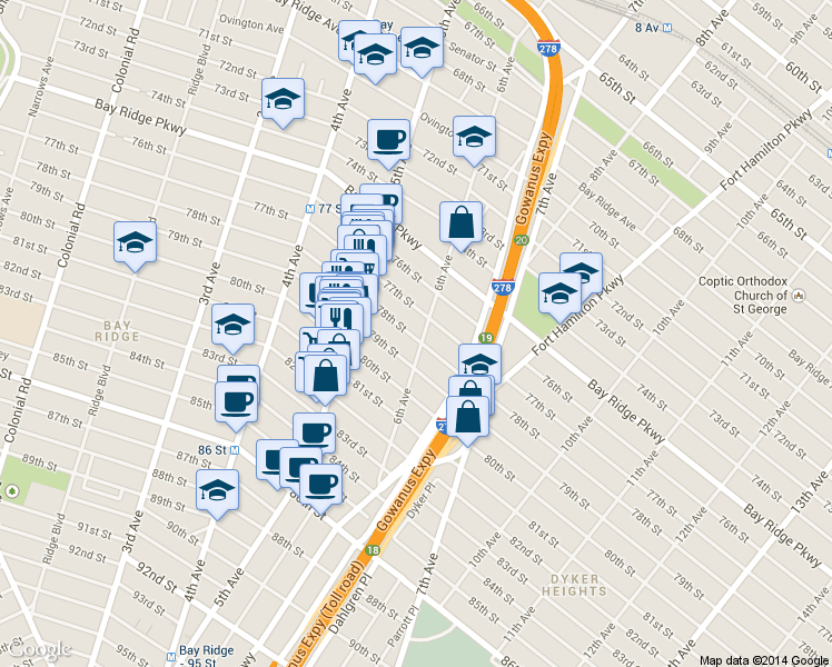 map of restaurants, bars, coffee shops, grocery stores, and more near 568 78th Street in Brooklyn