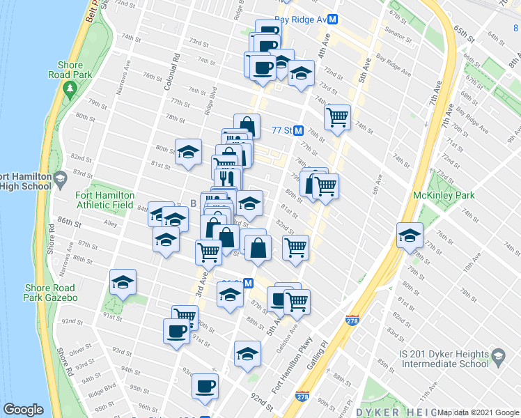 map of restaurants, bars, coffee shops, grocery stores, and more near 357 82nd Street in Brooklyn