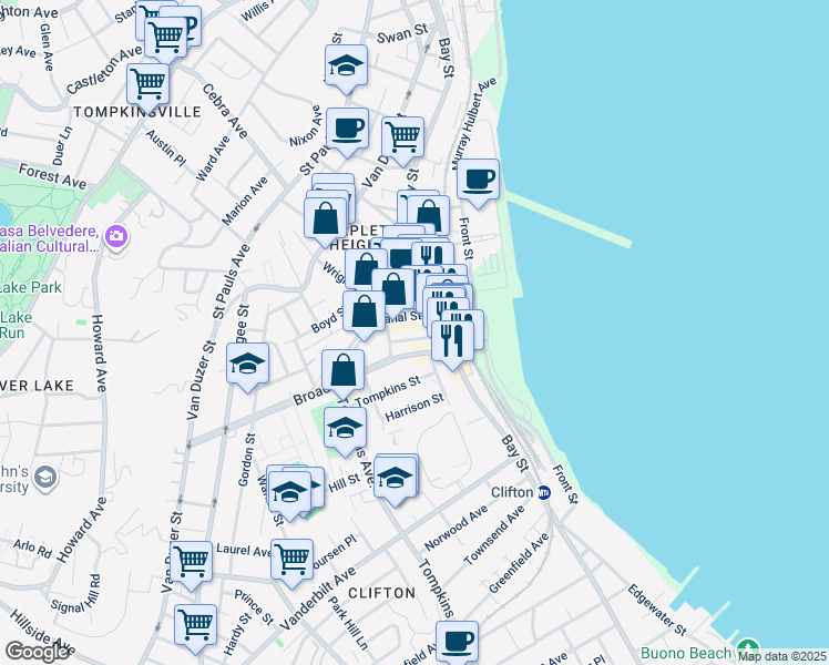 map of restaurants, bars, coffee shops, grocery stores, and more near 61 A Thompson Street in Staten Island