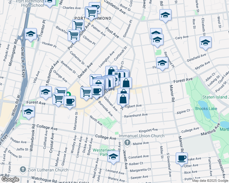 map of restaurants, bars, coffee shops, grocery stores, and more near 1294 Forest Avenue in Staten Island