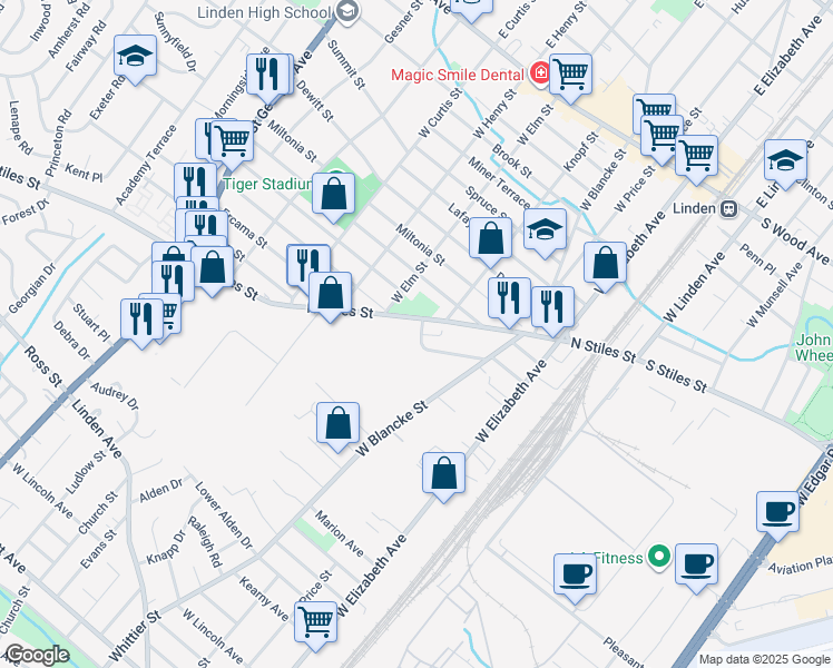 map of restaurants, bars, coffee shops, grocery stores, and more near 447 North Stiles Street in Linden
