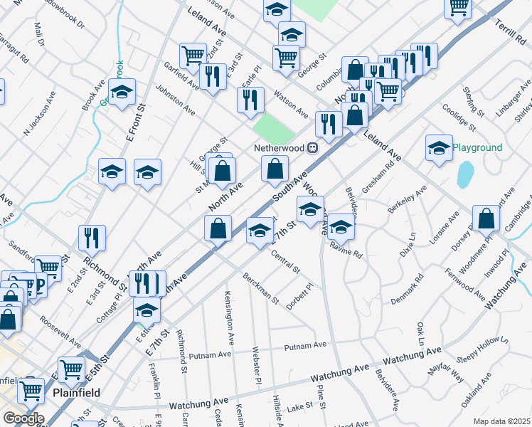 map of restaurants, bars, coffee shops, grocery stores, and more near 833-35 East 6th Street in Plainfield