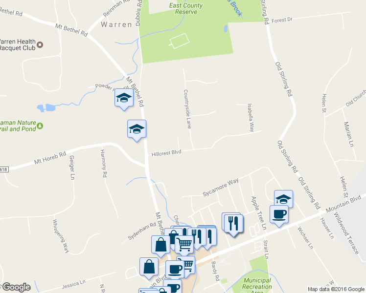 map of restaurants, bars, coffee shops, grocery stores, and more near 15 Hillcrest Boulevard in Warren